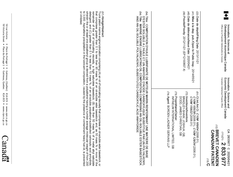 Document de brevet canadien 2833977. Page couverture 20200330. Image 1 de 1