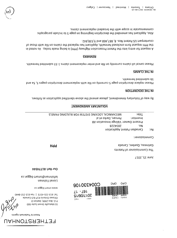 Canadian Patent Document 2834228. Amendment 20170615. Image 1 of 14