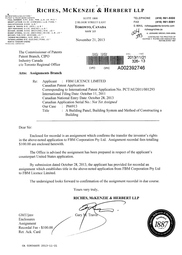 Document de brevet canadien 2834405. Cession 20131121. Image 1 de 3