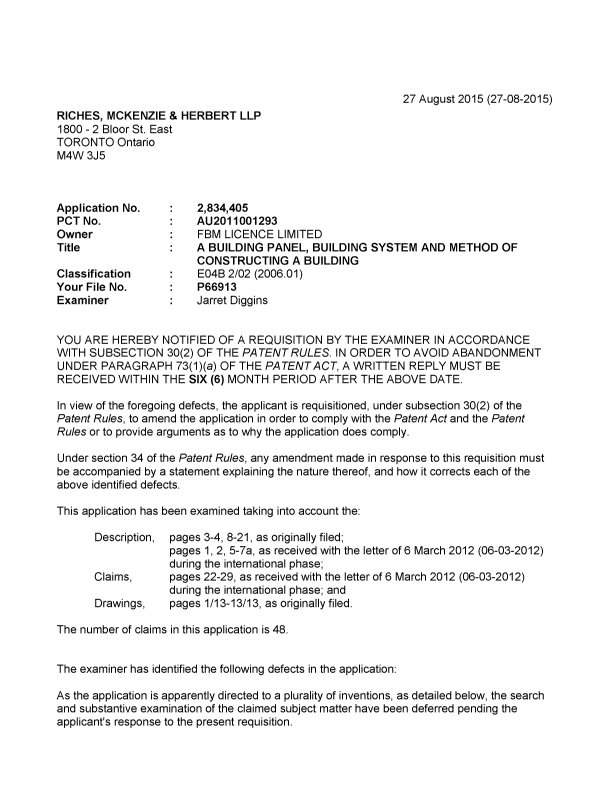 Document de brevet canadien 2834405. Demande d'examen 20150827. Image 1 de 4
