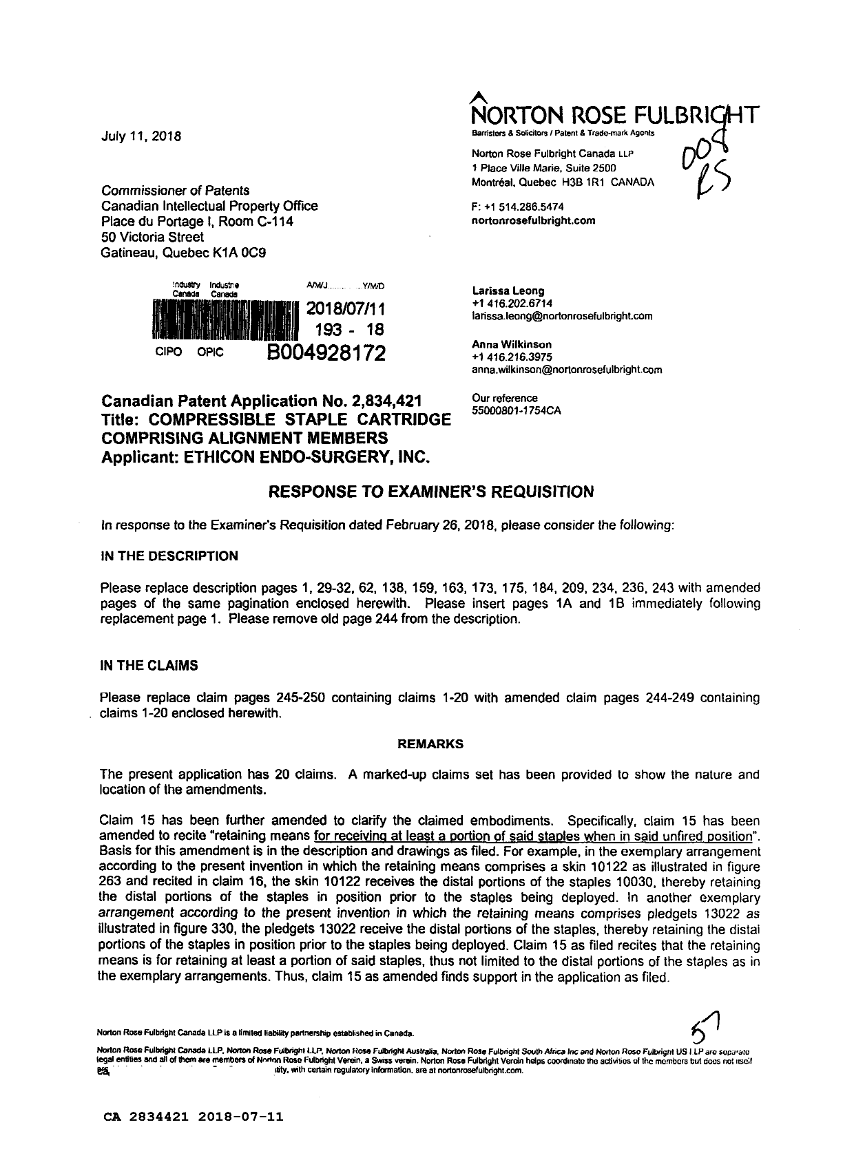 Canadian Patent Document 2834421. Amendment 20180711. Image 1 of 57
