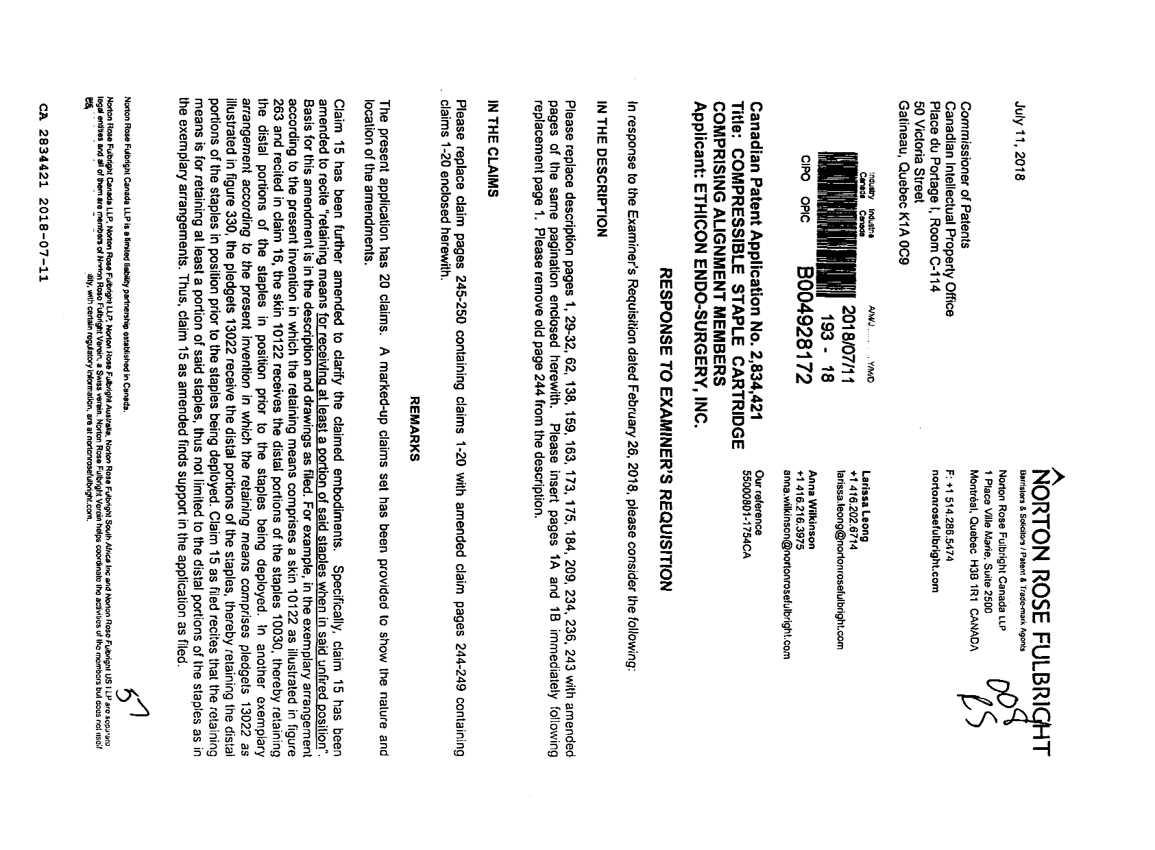 Canadian Patent Document 2834421. Amendment 20180711. Image 1 of 57