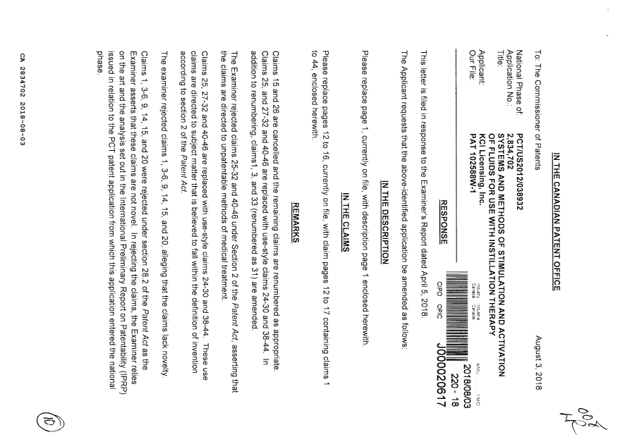 Document de brevet canadien 2834702. Modification 20180803. Image 1 de 10