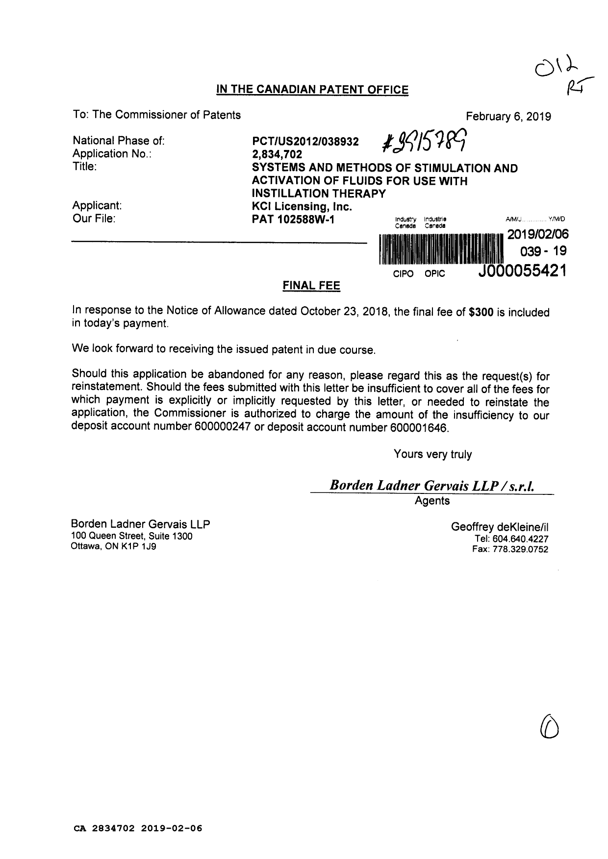Document de brevet canadien 2834702. Taxe finale 20190206. Image 1 de 1