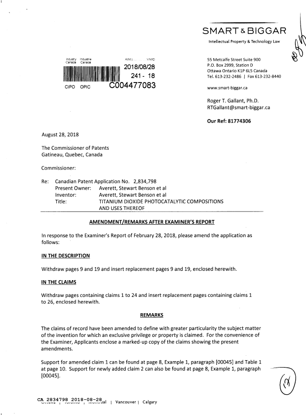 Document de brevet canadien 2834798. Modification 20180828. Image 1 de 17