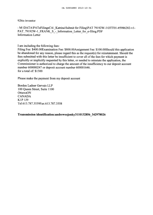 Document de brevet canadien 2834880. Cession 20131031. Image 2 de 13