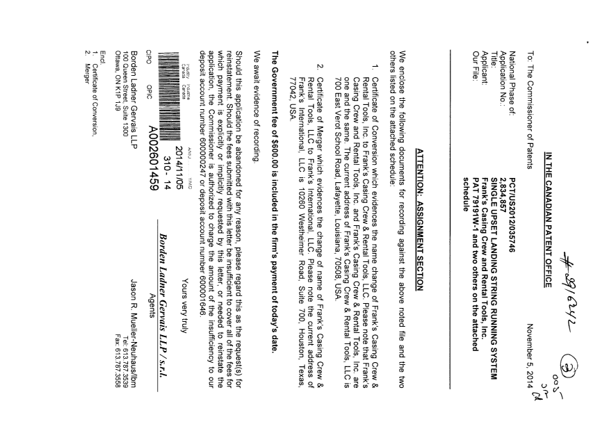 Document de brevet canadien 2834880. Cession 20141105. Image 1 de 4