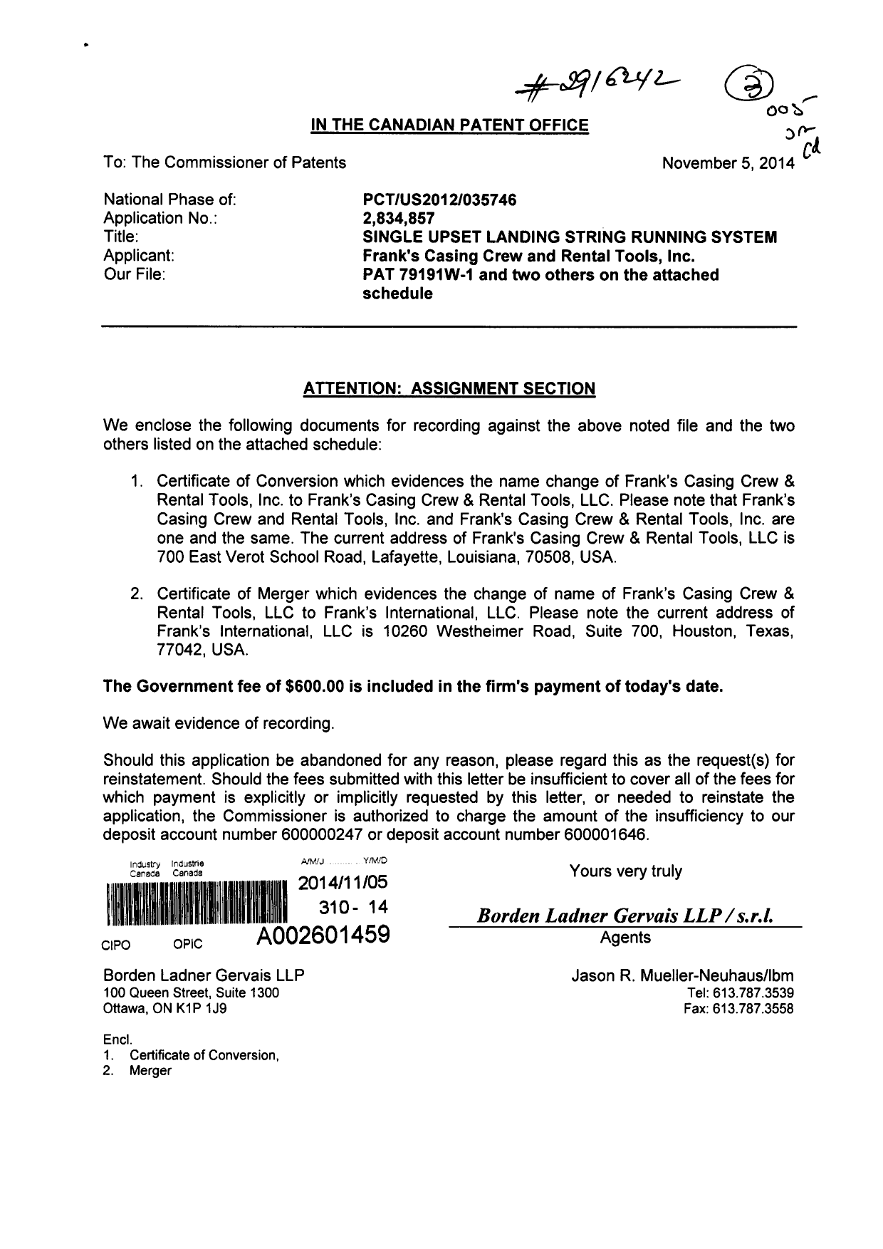 Document de brevet canadien 2834880. Cession 20141105. Image 1 de 4