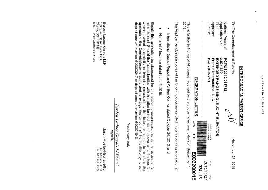 Document de brevet canadien 2834880. Modification après acceptation 20151127. Image 1 de 1