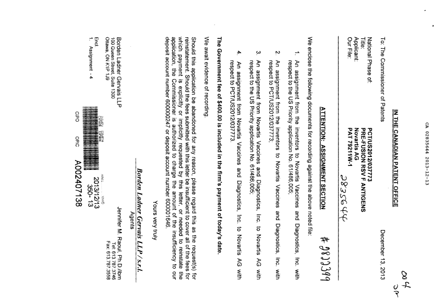 Document de brevet canadien 2835644. Cession 20131213. Image 1 de 20