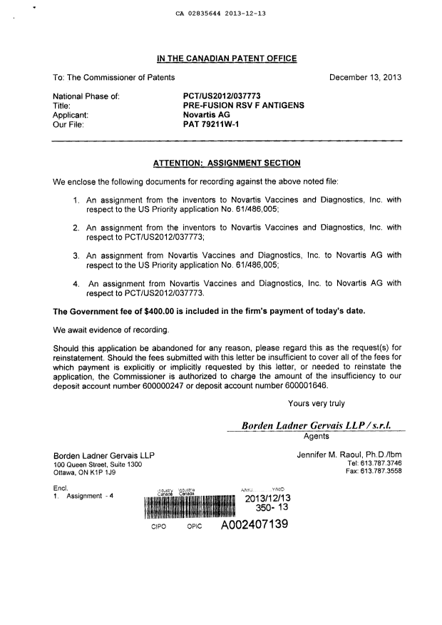 Document de brevet canadien 2835644. Cession 20131213. Image 2 de 20