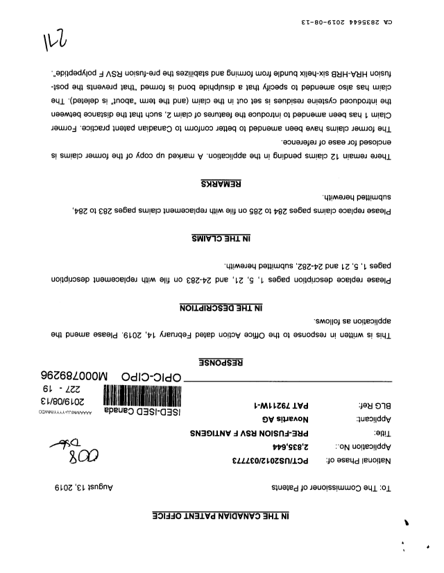 Canadian Patent Document 2835644. Amendment 20190813. Image 1 of 271