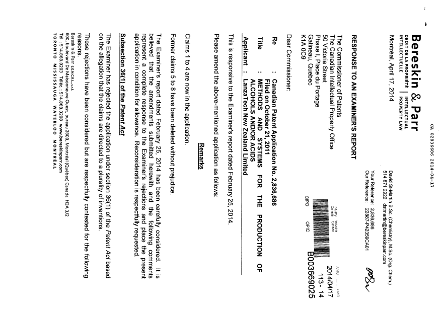 Document de brevet canadien 2836686. Poursuite-Amendment 20131217. Image 1 de 3