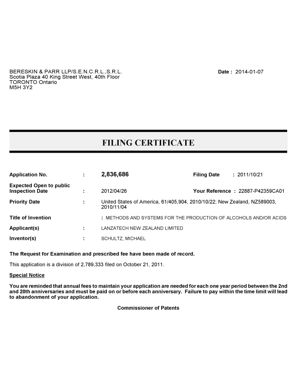 Canadian Patent Document 2836686. Correspondence 20140107. Image 1 of 1