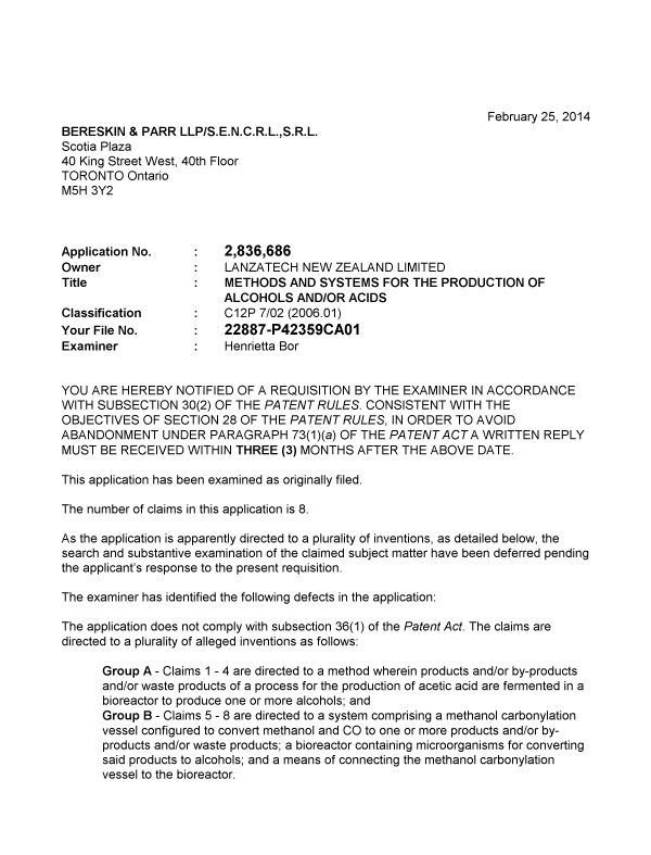 Canadian Patent Document 2836686. Prosecution-Amendment 20140225. Image 1 of 2