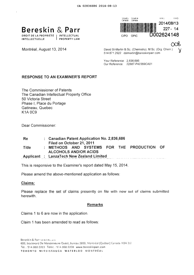 Canadian Patent Document 2836686. Prosecution-Amendment 20140813. Image 1 of 5