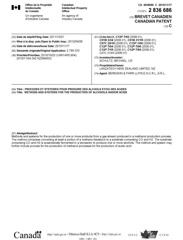 Canadian Patent Document 2836686. Cover Page 20151021. Image 1 of 1
