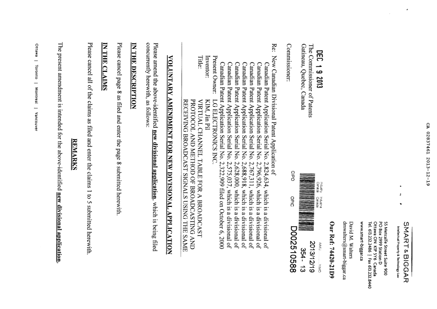 Document de brevet canadien 2837461. Poursuite-Amendment 20131219. Image 1 de 5