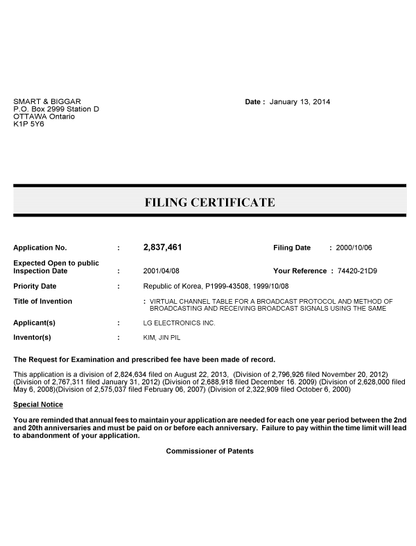 Document de brevet canadien 2837461. Correspondance 20140113. Image 1 de 1