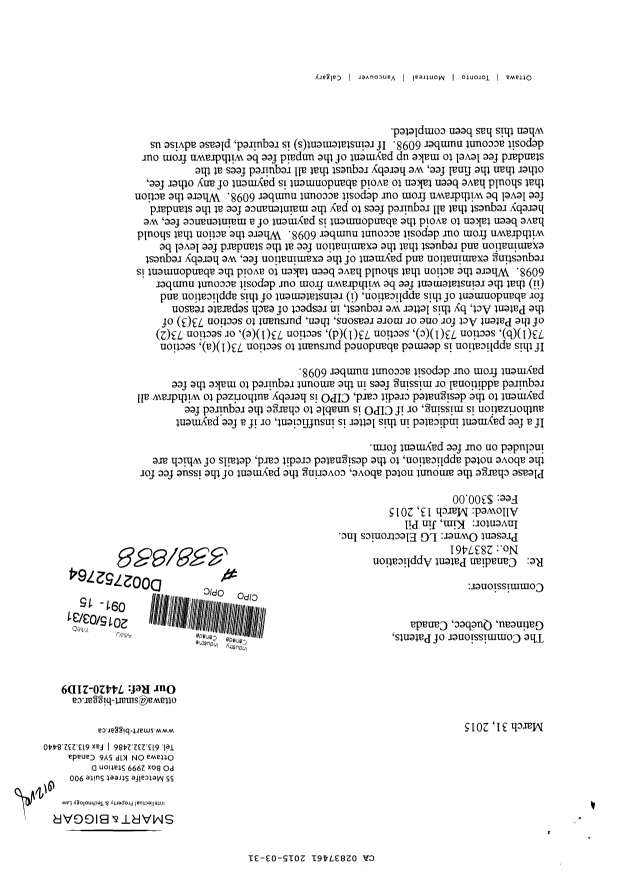 Canadian Patent Document 2837461. Correspondence 20150331. Image 1 of 2