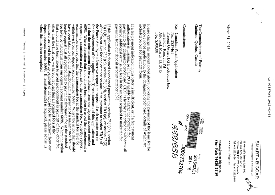 Document de brevet canadien 2837461. Correspondance 20150331. Image 1 de 2