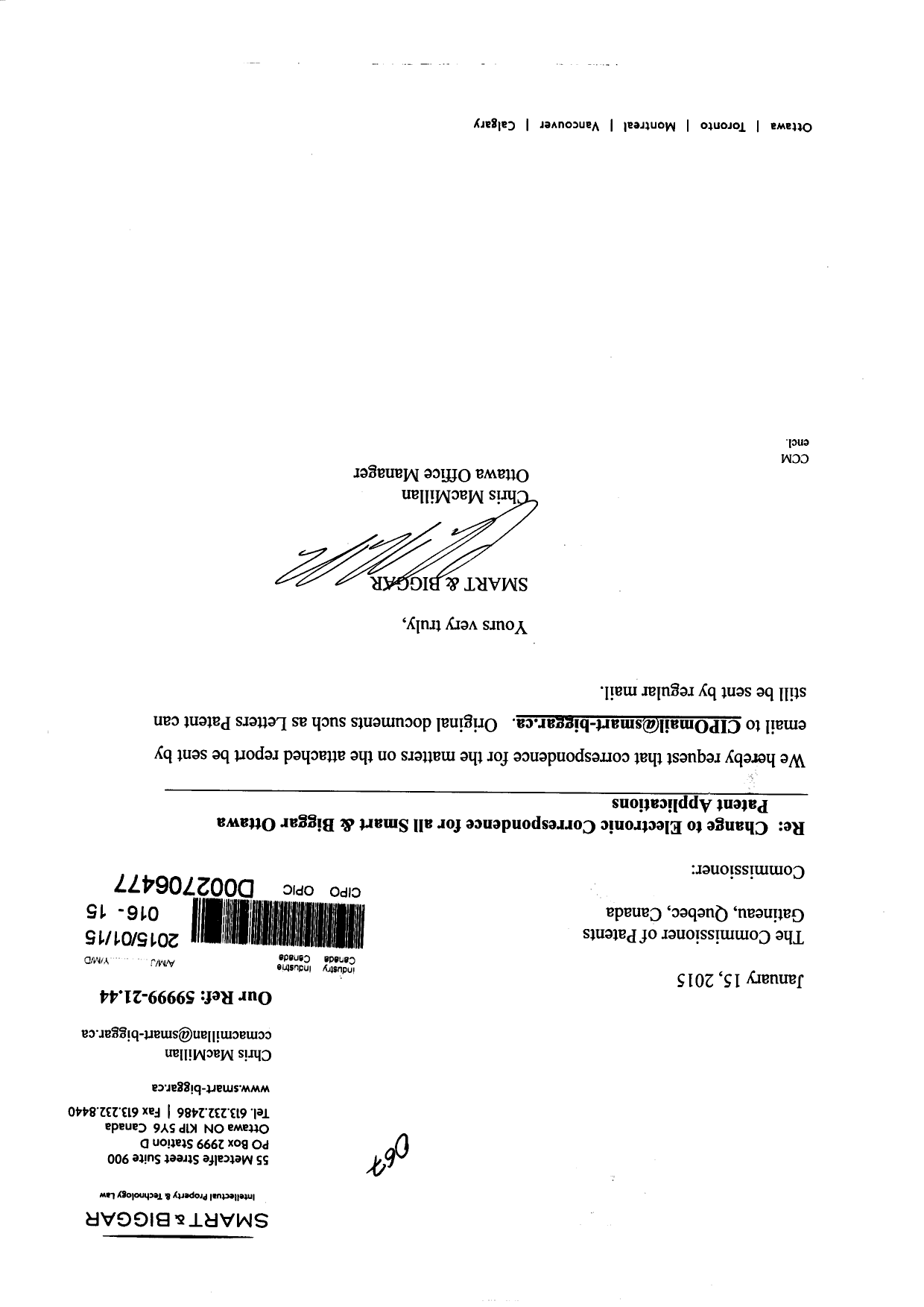 Canadian Patent Document 2837633. Change to the Method of Correspondence 20150115. Image 1 of 2