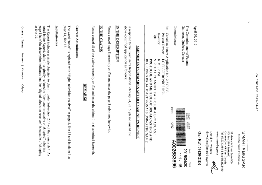 Document de brevet canadien 2837633. Poursuite-Amendment 20150420. Image 1 de 4