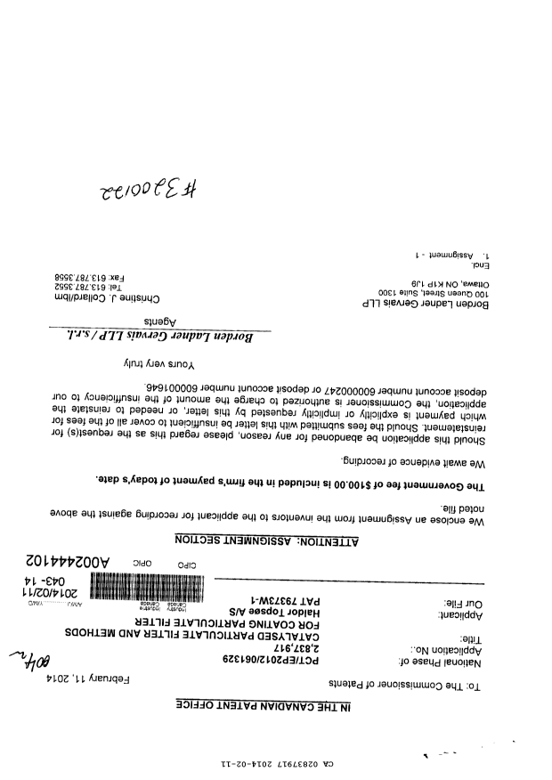 Canadian Patent Document 2837917. Assignment 20140211. Image 1 of 2