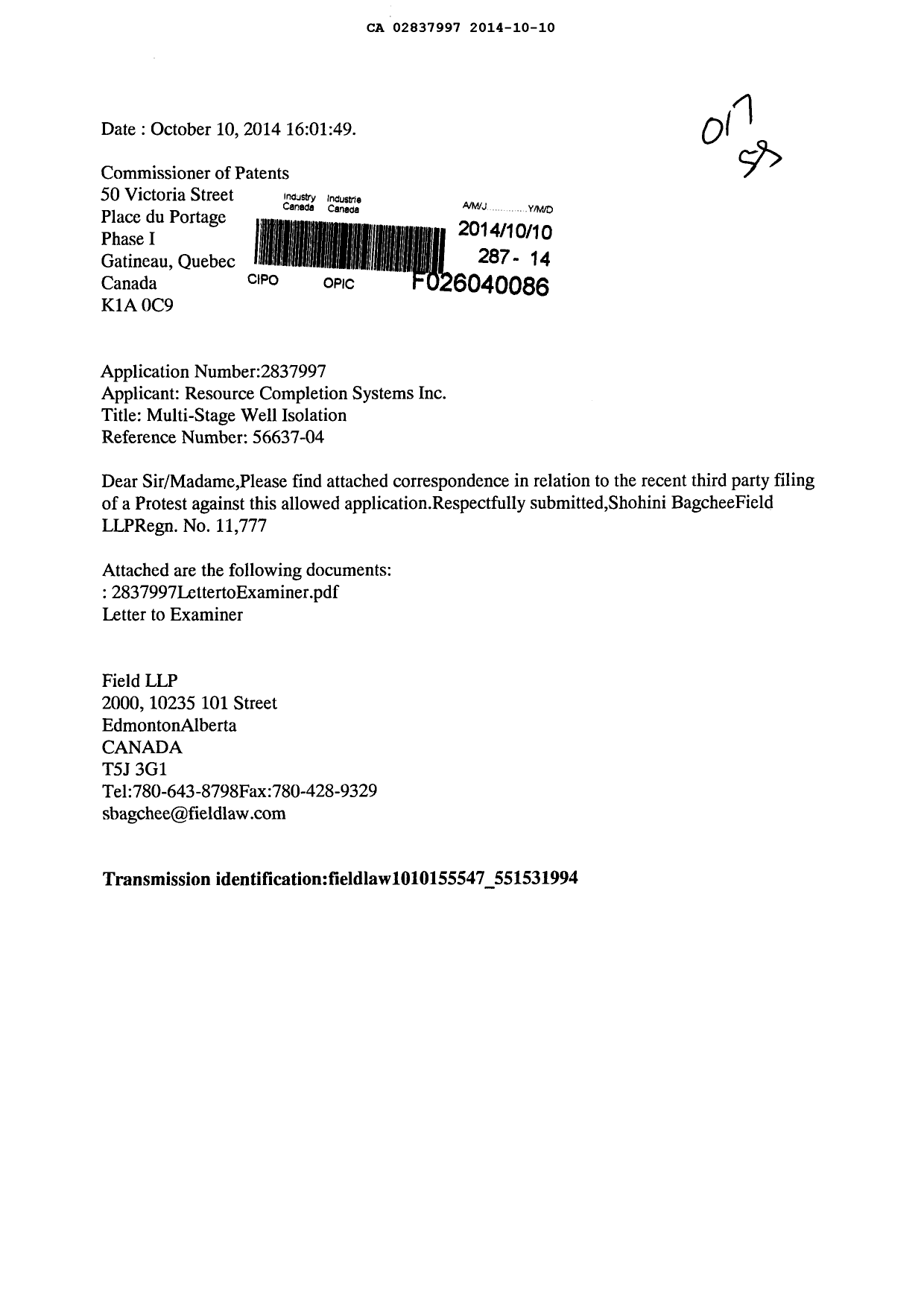 Canadian Patent Document 2837997. Prosecution-Amendment 20131210. Image 1 of 4