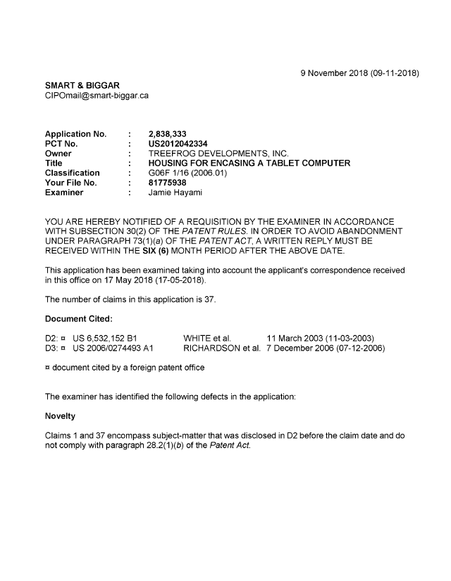 Document de brevet canadien 2838333. Demande d'examen 20181109. Image 1 de 5