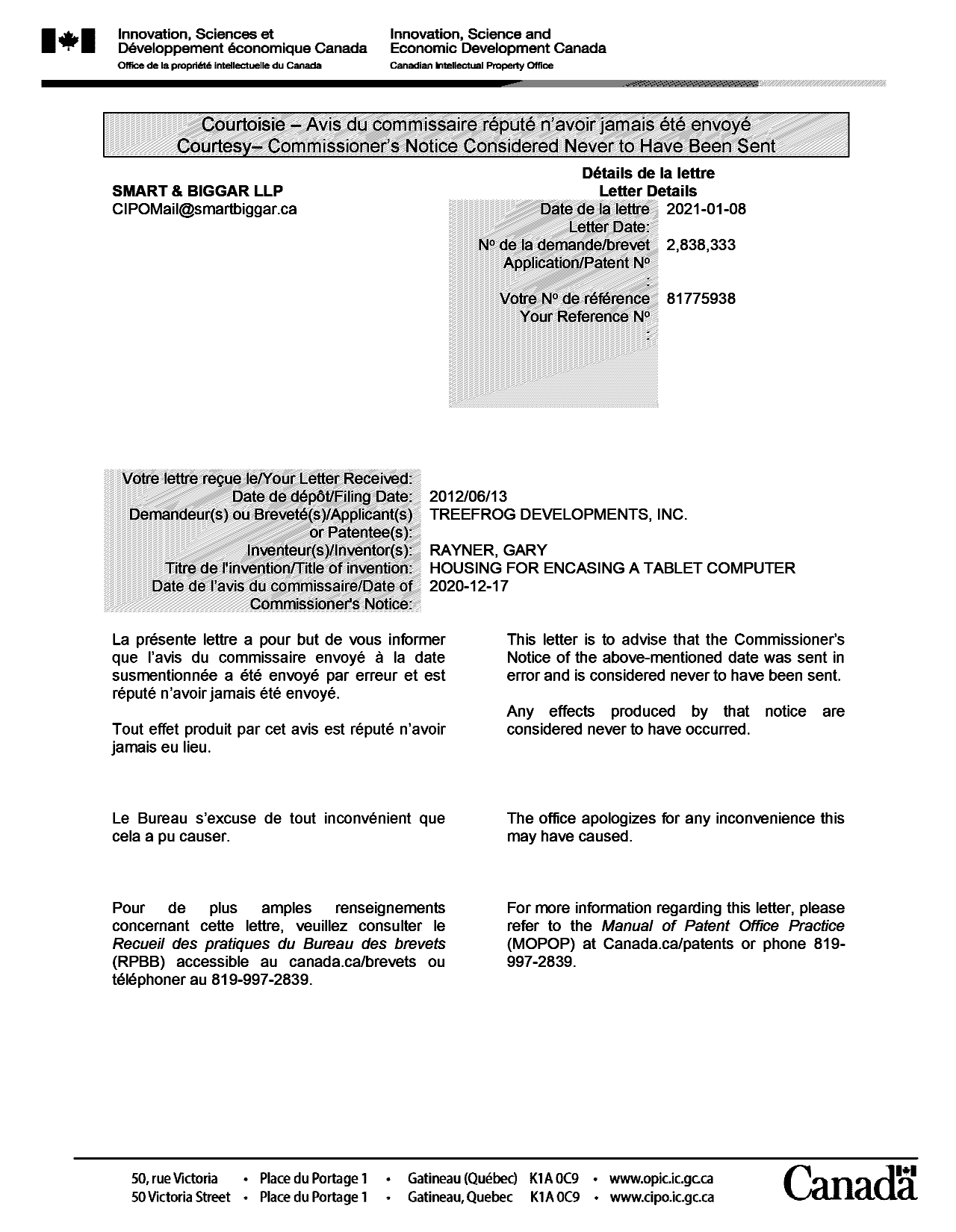 Document de brevet canadien 2838333. Lettre du bureau 20210108. Image 1 de 1