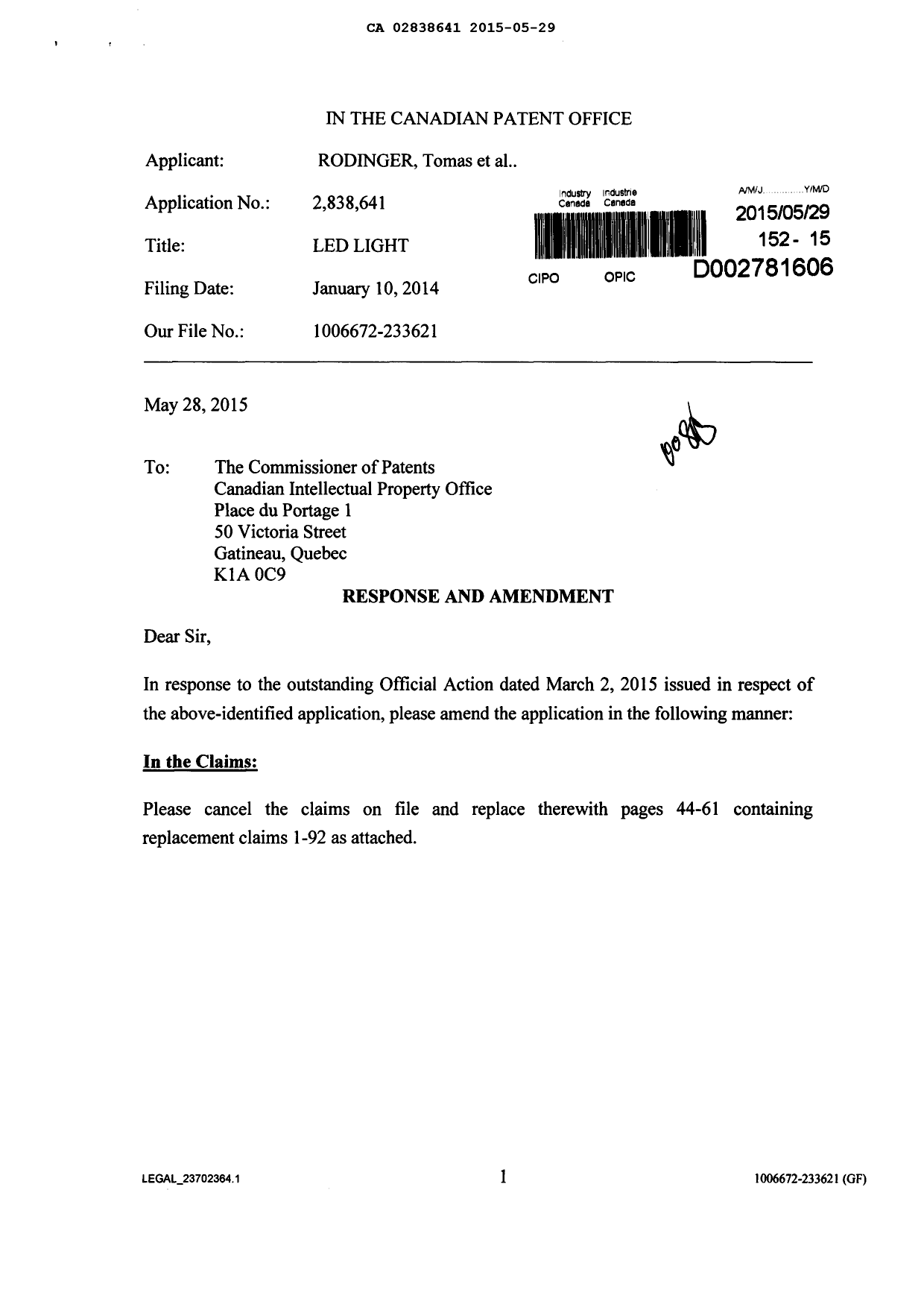 Canadian Patent Document 2838641. Prosecution-Amendment 20141229. Image 1 of 23