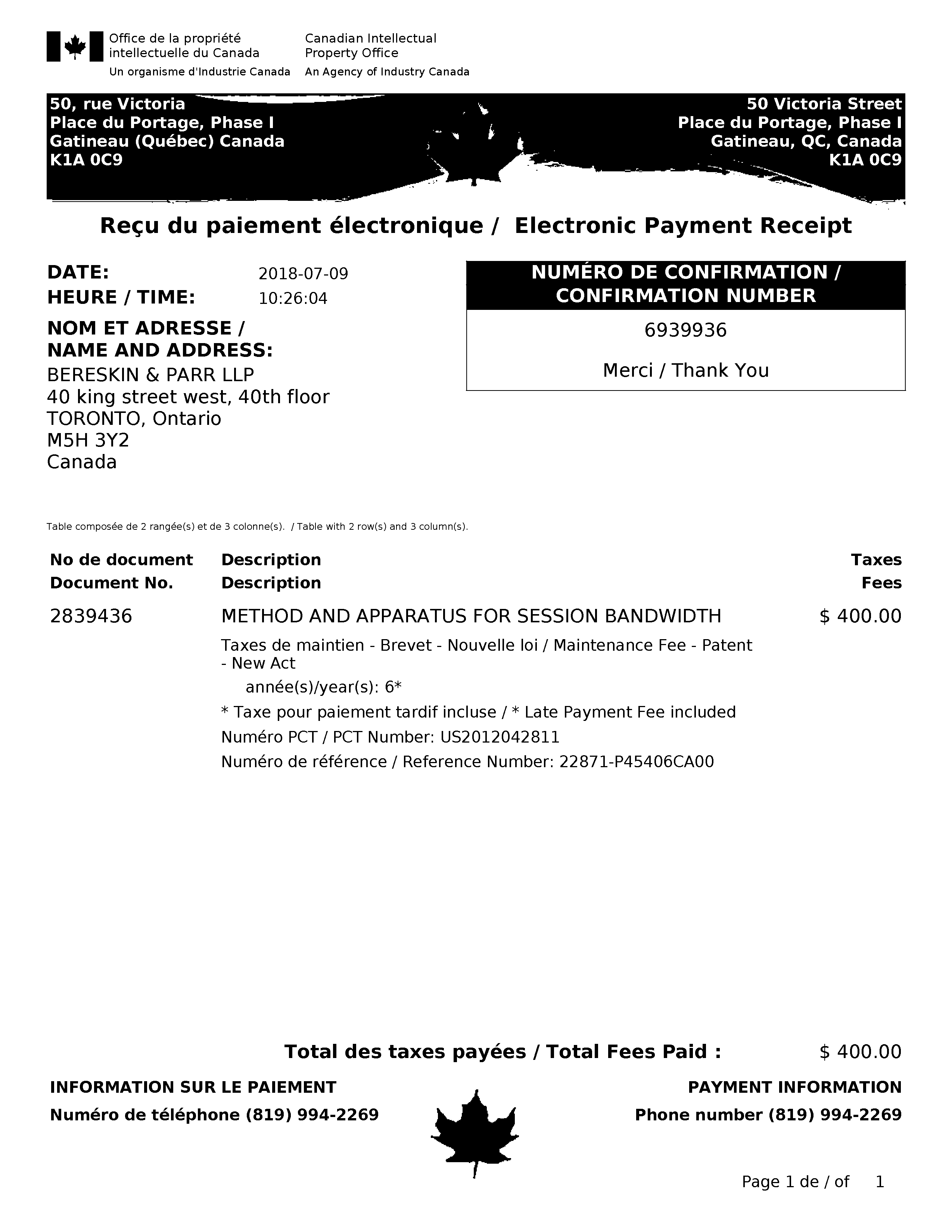 Canadian Patent Document 2839436. Maintenance Fee Payment 20180709. Image 1 of 1