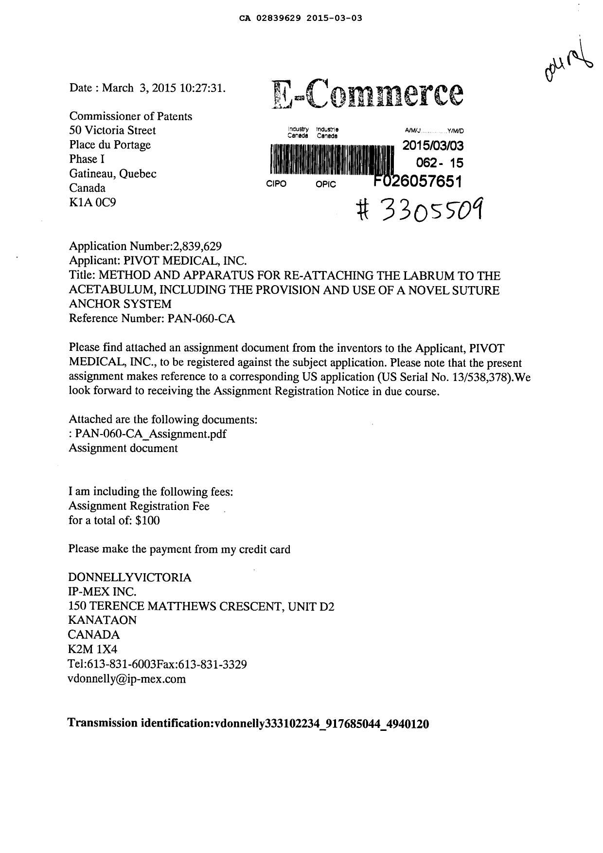 Document de brevet canadien 2839629. Cession 20150303. Image 1 de 5