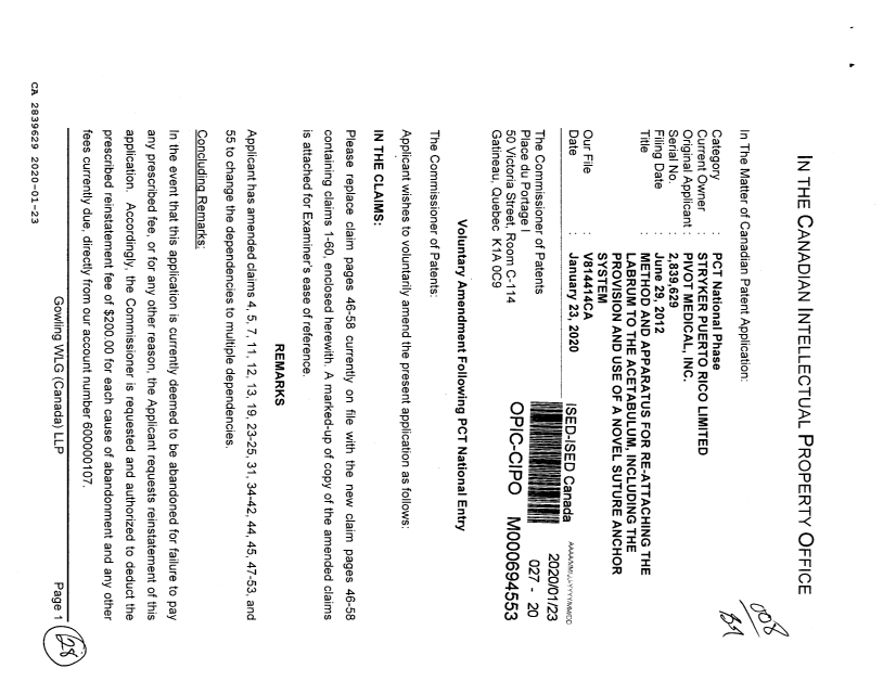 Document de brevet canadien 2839629. Modification 20200123. Image 1 de 28