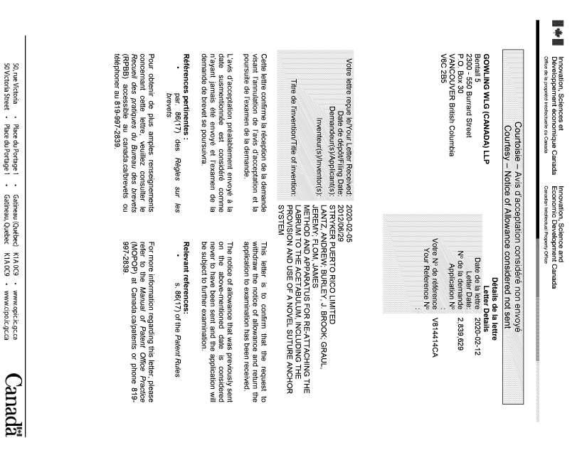 Document de brevet canadien 2839629. Lettre du bureau 20200212. Image 1 de 1