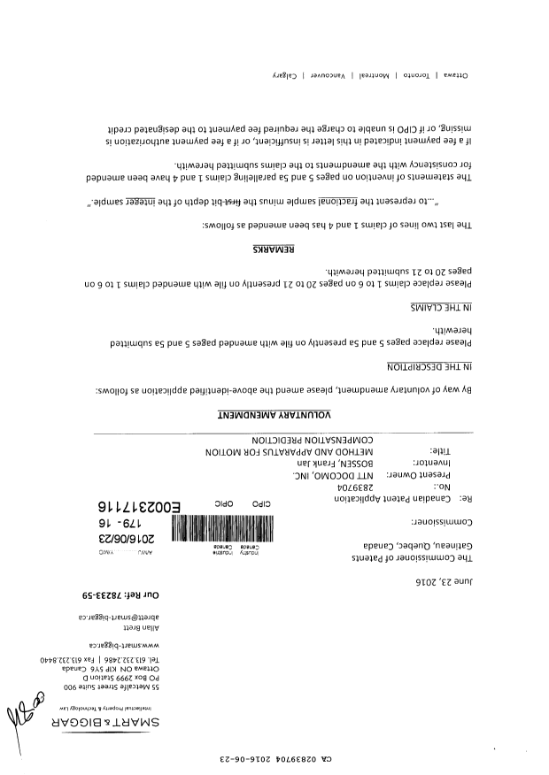 Canadian Patent Document 2839704. Amendment 20160623. Image 1 of 6