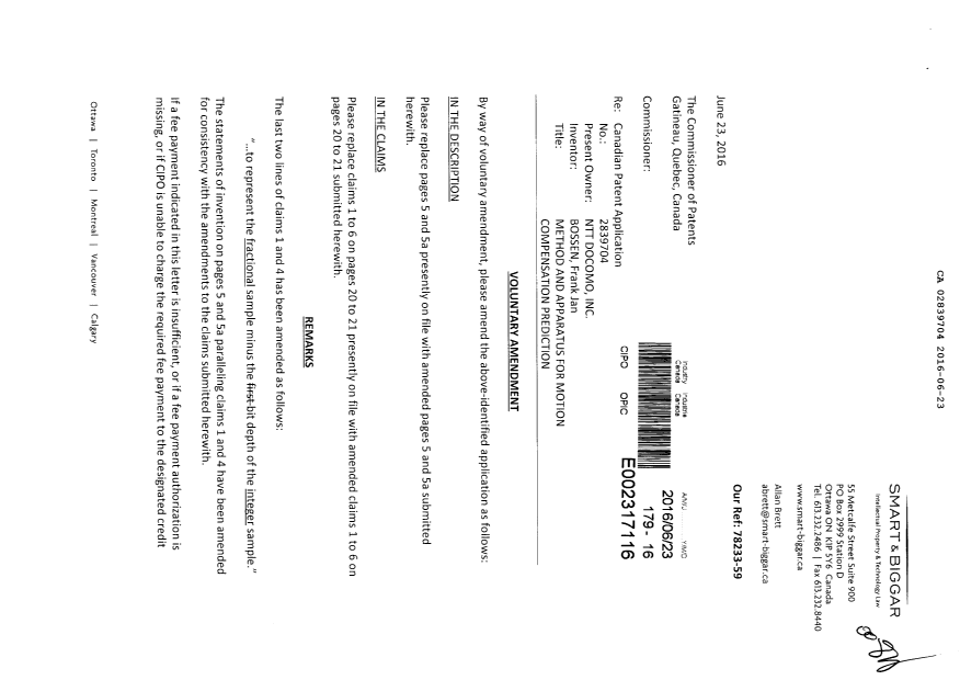 Document de brevet canadien 2839704. Modification 20160623. Image 1 de 6