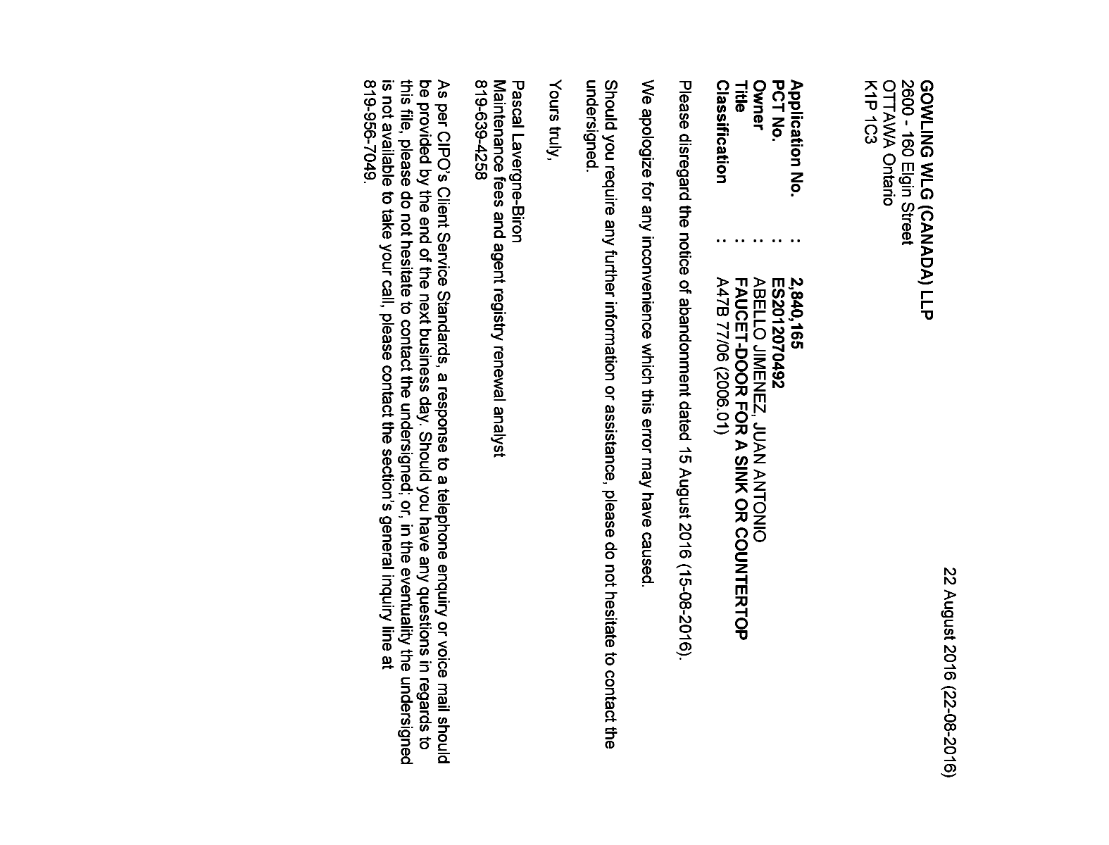 Document de brevet canadien 2840165. Correspondance 20151222. Image 1 de 1