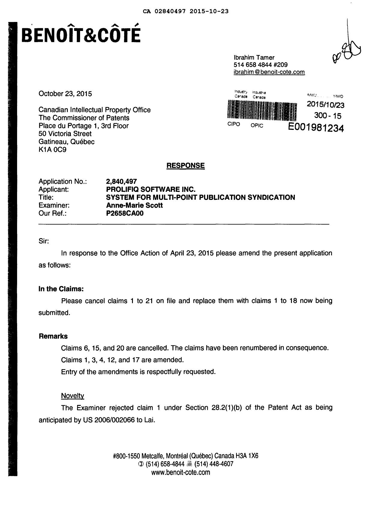 Document de brevet canadien 2840497. Modification 20151023. Image 1 de 9
