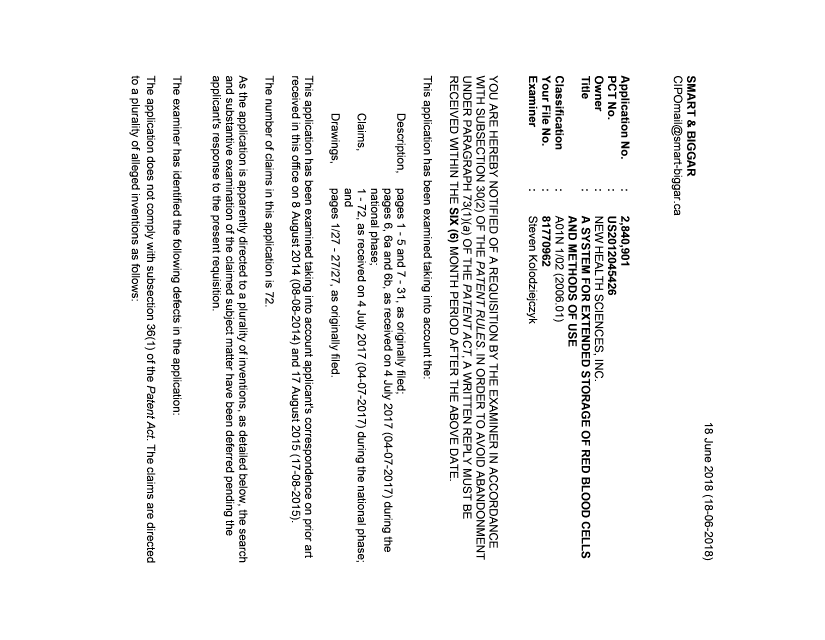 Document de brevet canadien 2840901. Demande d'examen 20180618. Image 1 de 3