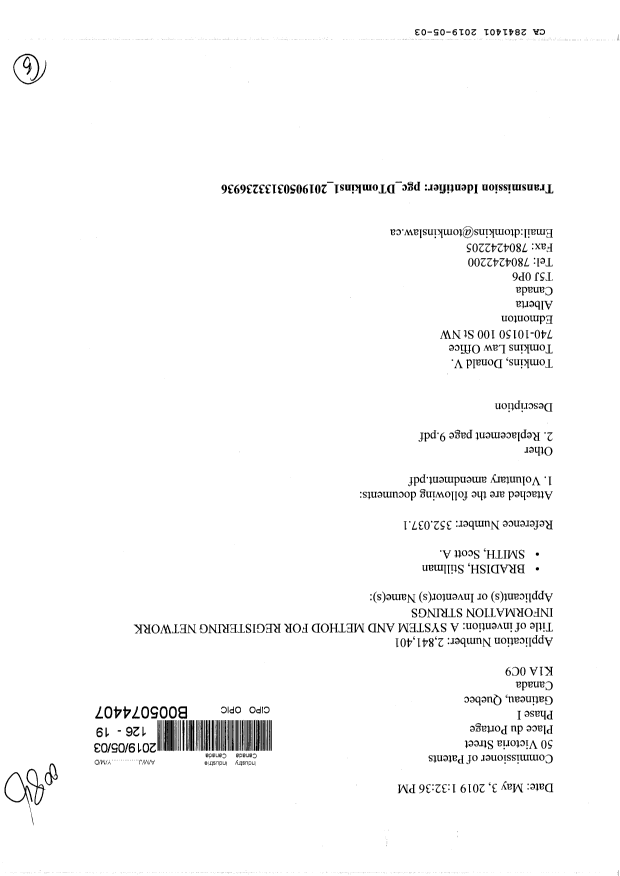 Canadian Patent Document 2841401. Amendment 20190503. Image 1 of 5