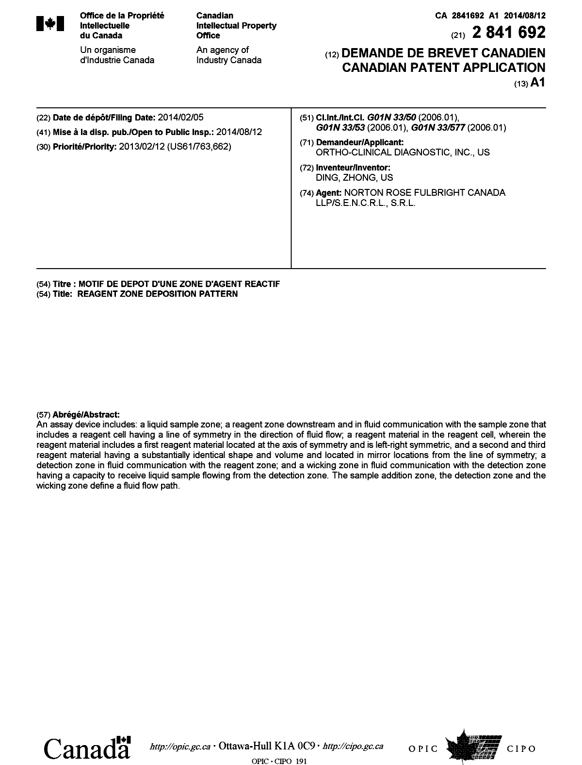 Canadian Patent Document 2841692. Cover Page 20131211. Image 1 of 1