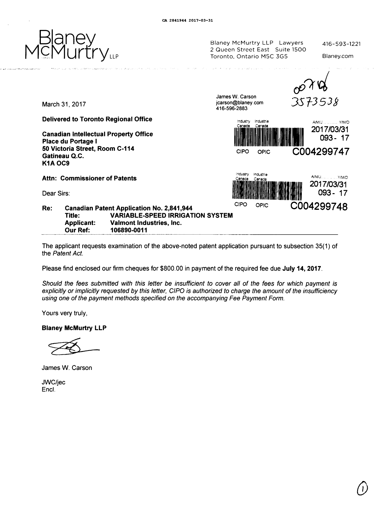 Document de brevet canadien 2841944. Requête d'examen 20170331. Image 1 de 1