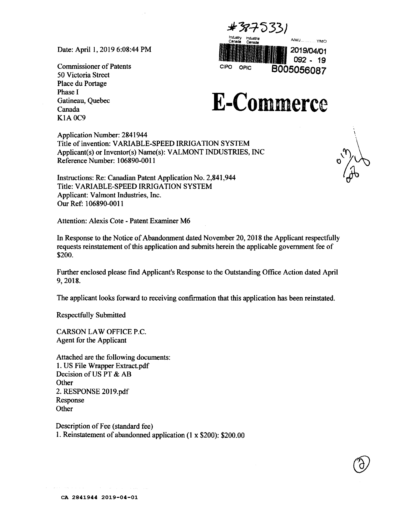 Document de brevet canadien 2841944. Modification 20190401. Image 1 de 4