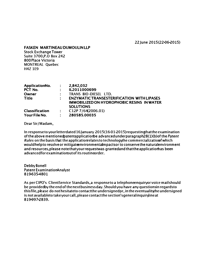 Document de brevet canadien 2842032. Ordonnance spéciale - Verte acceptée 20150622. Image 1 de 1