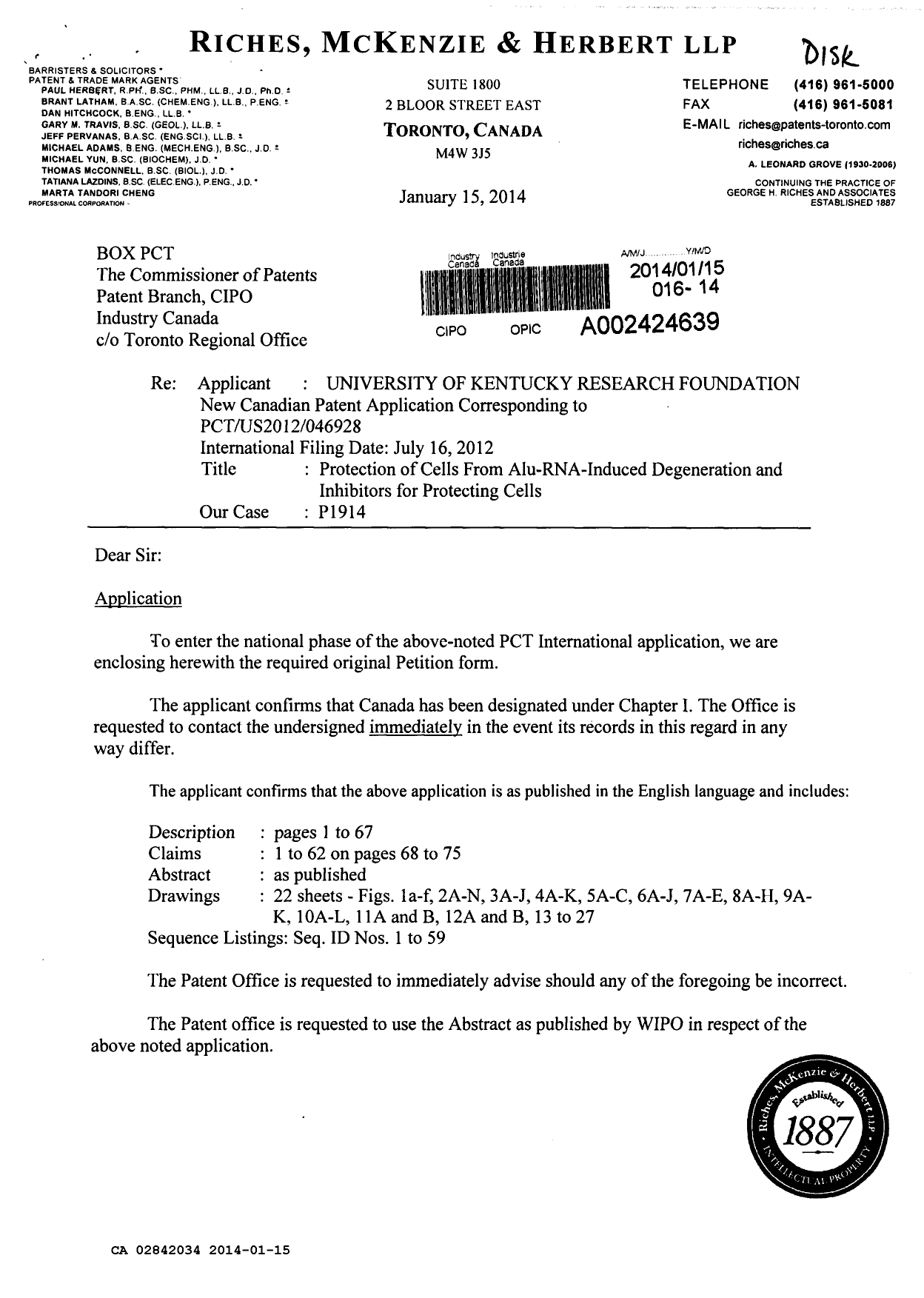 Document de brevet canadien 2842034. Poursuite-Amendment 20140115. Image 1 de 17