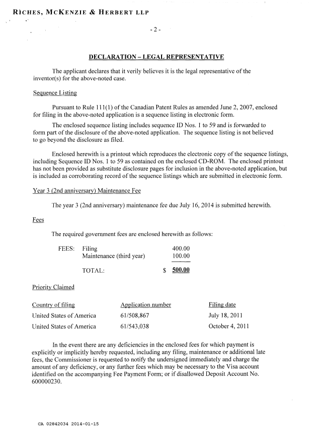Document de brevet canadien 2842034. Cession 20140115. Image 2 de 5