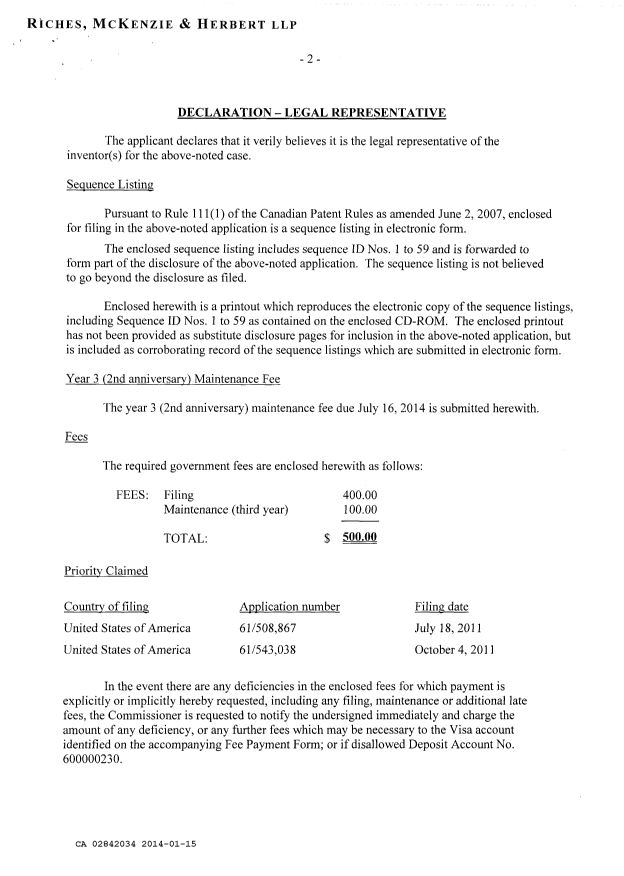 Document de brevet canadien 2842034. Poursuite-Amendment 20140115. Image 2 de 17