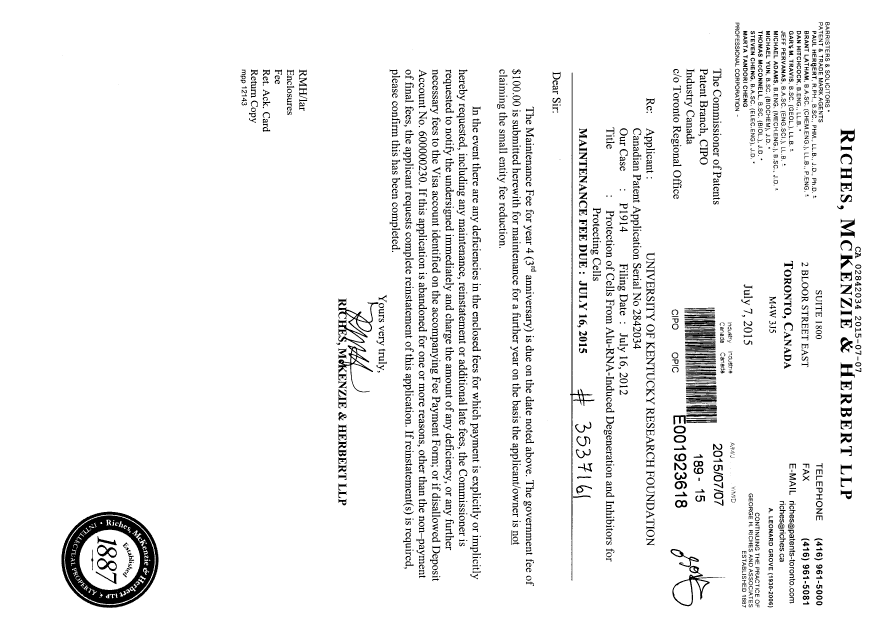 Document de brevet canadien 2842034. Paiement de taxe périodique 20150707. Image 1 de 1